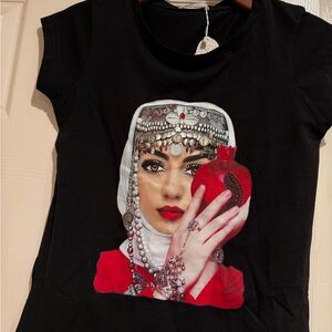 Private Label Black Tee with Vibrant Red Graphic pomegranate and jeweled face